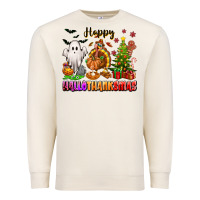 Sandshell Happy Hallothanksmas with ghost turkey and tree Premium Sweatshirt - texasbilliewilder