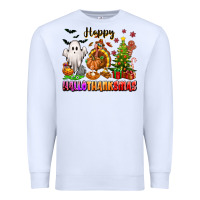 White Happy Hallothanksmas with ghost turkey and tree Premium Sweatshirt - texasbilliewilder