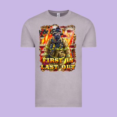 First In Last Out Firefighter Vintage Tee Designed By Lillyallendesigns