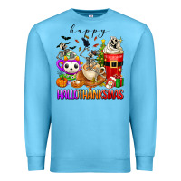 Ocean Blue happy hallothanksmas skeleton coffee cups Premium Sweatshirt - texasbilliewilder