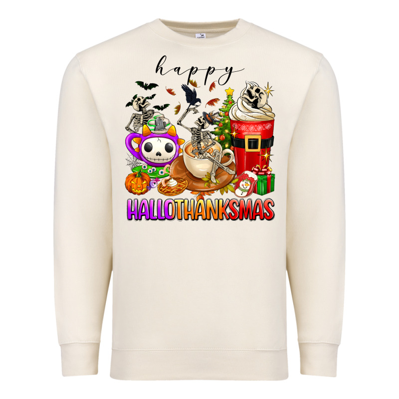Happy Hallothanksmas Skeleton Coffee Cups Premium Sweatshirt by texasbilliewilder | Teevron