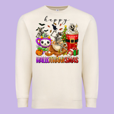 Happy Hallothanksmas Skeleton Coffee Cups Premium Sweatshirt Designed By Texasbilliewilder