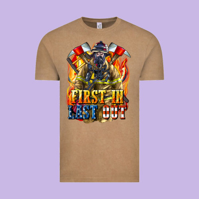 First In Last Out American Firefighter Vintage Tee Designed By Lillyallendesigns