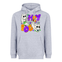 Heather Grey Hey Boo with Ghost Cats Heavyweight Hoodie - texasbilliewilder