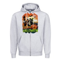 Heather Grey Happy Halloween With Black Cat Zipper Hoodie - LillyAllenDesigns