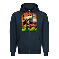 Navy Happy Halloween With Black Cat Zipper Hoodie - LillyAllenDesigns