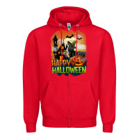 Red Happy Halloween With Black Cat Zipper Hoodie - LillyAllenDesigns