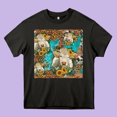 Sunflowers Charolais Cow Seamless Pattern Heavy Core Tee Designed By Hra Design Shop