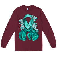 Burgundy Ovarian Cancer teal ribbon with boxing gloves Long Sleeve Tee - NancyCooperArtShop