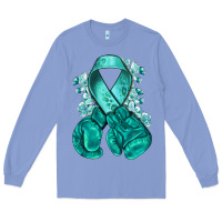 Colony Blue Ovarian Cancer teal ribbon with boxing gloves Long Sleeve Tee - NancyCooperArtShop
