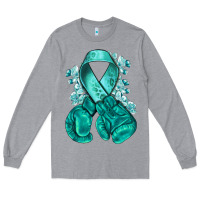 Heather Grey Ovarian Cancer teal ribbon with boxing gloves Long Sleeve Tee - NancyCooperArtShop