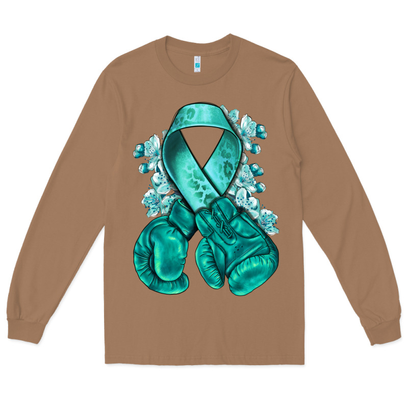 Ovarian Cancer Teal Ribbon With Boxing Gloves Long Sleeve Tee by NancyCooperArtShop | Teevron