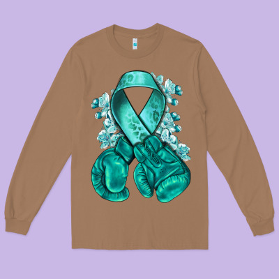 Ovarian Cancer Teal Ribbon With Boxing Gloves Long Sleeve Tee Designed By Nancycooperartshop