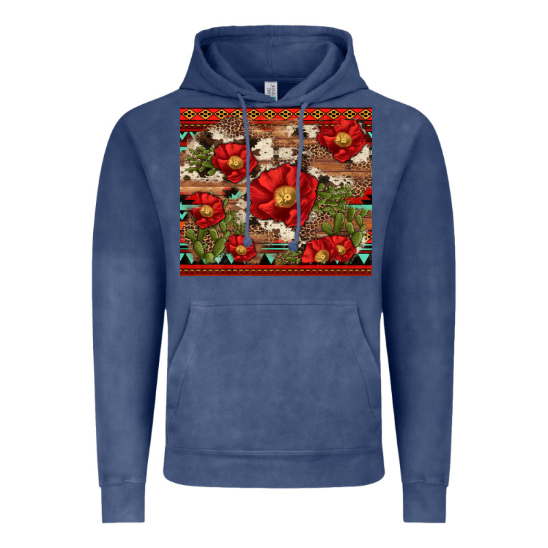 Red Flower And Cactus With Cowhide And Aztec Vintage Hoodie by Artiststas | Teevron