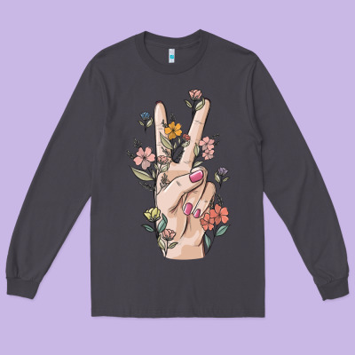 Hand Peace Sign Long Sleeve Tee Designed By Maliassmallbusiness
