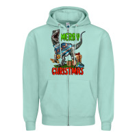 Seafoam merry christmas velociraptor Zipper Hoodie - LillyAllenDesigns