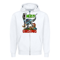 White merry christmas velociraptor Zipper Hoodie - LillyAllenDesigns