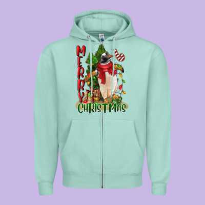 Merry Christmas Penguin Zipper Hoodie Designed By Lillyallendesigns