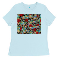 Baby Blue sugar skulls roses tumbler 3 Ladies Tee - CTS Tumbler Store