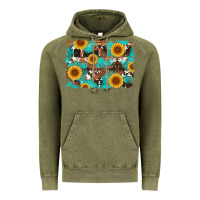 Vintage Olive sunflower and cowhides with wood and turquoise background Vintage Hoodie - Artiststas