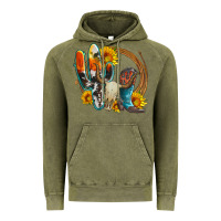 Vintage Olive western cactus bullskull and boots with sunflowers and serape leopard Vintage Hoodie - Artiststas