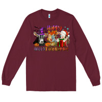 Burgundy Happy Hallothanksmas goats Long Sleeve Tee - NancyCooperArtShop