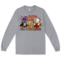 Heather Grey Happy Hallothanksmas goats Long Sleeve Tee - NancyCooperArtShop