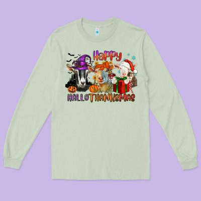 Happy Hallothanksmas Goats Long Sleeve Tee Designed By Nancycooperartshop