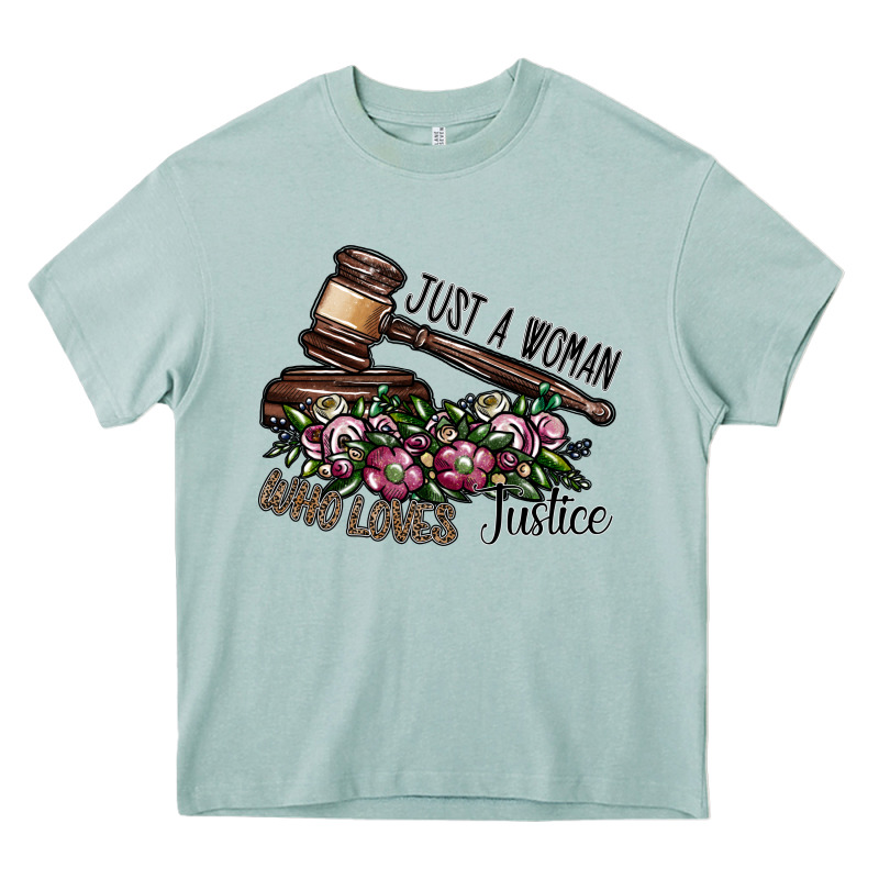 Just A Woman Who Loves Justice Heavy Core Tee by SublimationCraftShop | Teevron
