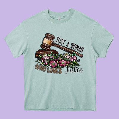 Just A Woman Who Loves Justice Heavy Core Tee Designed By Sublimationcraftshop