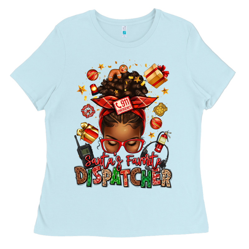 Santa's Favorite Dispatcher Afro Messy Bun Ladies Tee by texasbilliewilder | Teevron