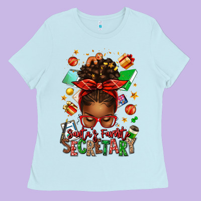 Santa's Favorite Secretary Afro Messy Bun Ladies Tee Designed By Texasbilliewilder