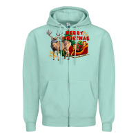 Seafoam Merry Christmas Deer Zipper Hoodie - LillyAllenDesigns