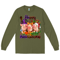 Army Green Happy Hallothanksmas Pigs Long Sleeve Tee - NancyCooperArtShop