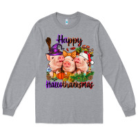Heather Grey Happy Hallothanksmas Pigs Long Sleeve Tee - NancyCooperArtShop
