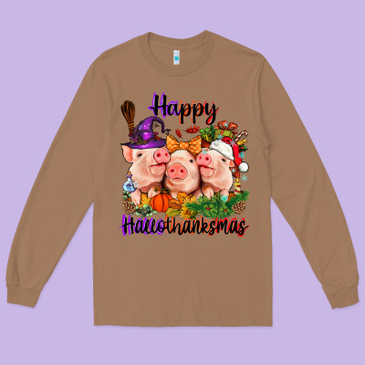 Happy Hallothanksmas Pigs Long Sleeve Tee Designed By Nancycooperartshop
