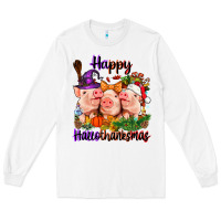 White Happy Hallothanksmas Pigs Long Sleeve Tee - NancyCooperArtShop