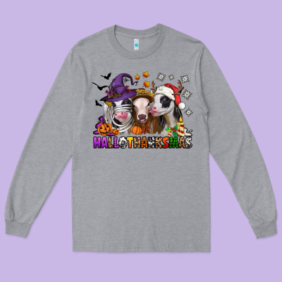 Happy Hallothanksmas Heifers Long Sleeve Tee Designed By Nancycooperartshop