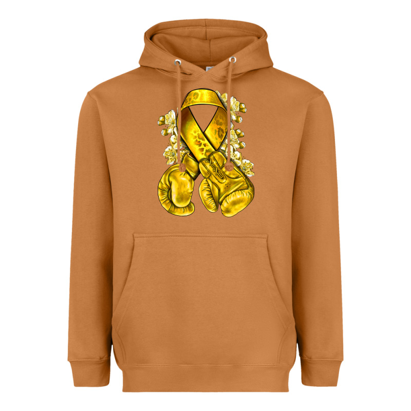 Childhood Cancer Yellow Ribbon With Boxing Gloves Heavyweight Hoodie by NancyCooperArtShop | Teevron