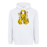 White Childhood Cancer yellow ribbon with boxing gloves Heavyweight Hoodie - NancyCooperArtShop