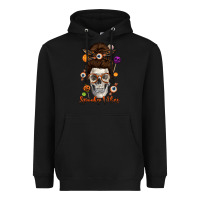 Black Spooky Vibes Skull Messy Bun Heavyweight Hoodie - texasbilliewilder