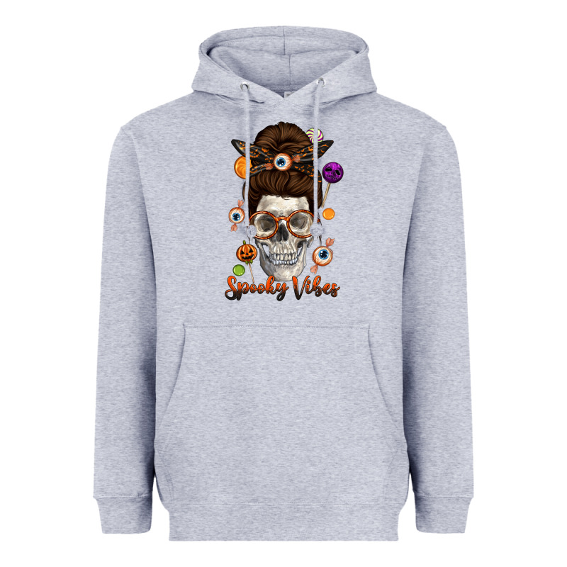 Spooky Vibes Skull Messy Bun Heavyweight Hoodie by texasbilliewilder | Teevron