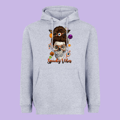 Spooky Vibes Skull Messy Bun Heavyweight Hoodie Designed By Texasbilliewilder