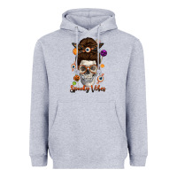 Heather Grey Spooky Vibes Skull Messy Bun Heavyweight Hoodie - texasbilliewilder