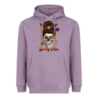 Lavender Spooky Vibes Skull Messy Bun Heavyweight Hoodie - texasbilliewilder