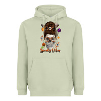 Matcha Spooky Vibes Skull Messy Bun Heavyweight Hoodie - texasbilliewilder