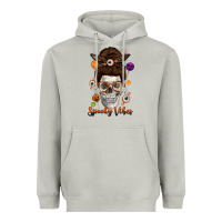 Moon Dust Spooky Vibes Skull Messy Bun Heavyweight Hoodie - texasbilliewilder
