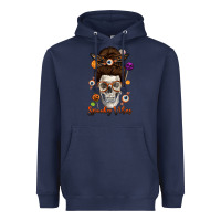 Navy Spooky Vibes Skull Messy Bun Heavyweight Hoodie - texasbilliewilder