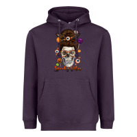 Plum Spooky Vibes Skull Messy Bun Heavyweight Hoodie - texasbilliewilder