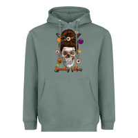 Sage Spooky Vibes Skull Messy Bun Heavyweight Hoodie - texasbilliewilder